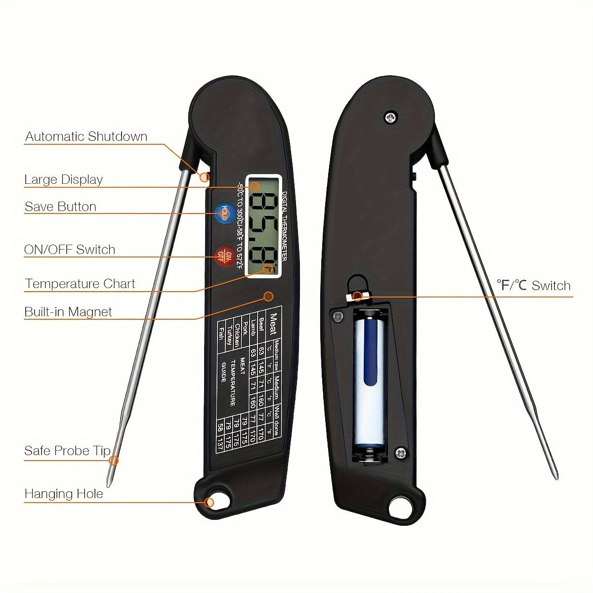 1pc Instant Reading Meat Thermometer Digital Probe Milk Liquid Barbecue Thermometer Great Cooking Kitchen Barbecue BBQ Milk Candy for hotels, restaurant, bulk kitchenware&tableware