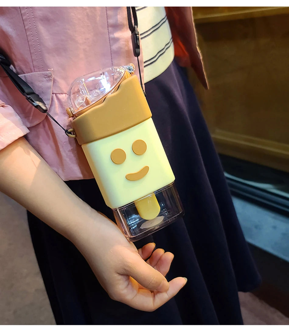 Cute Ice Cream Plastic Water Bottle With Straw Strap Popsicle Water Bottle Watermelon Kettle Leakproof Tritan Bottle BPA Free