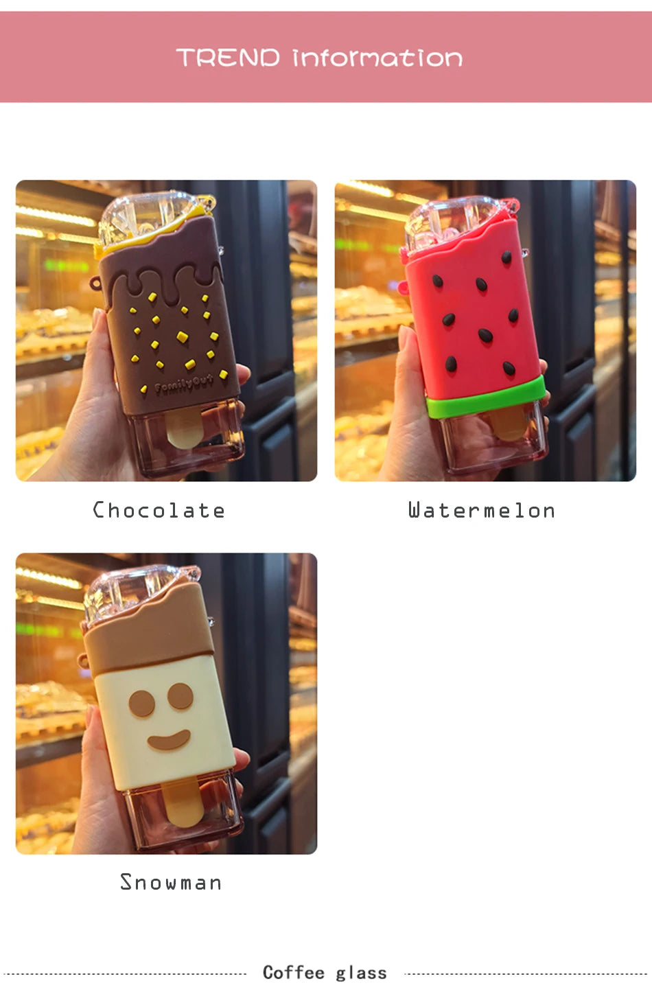 Cute Ice Cream Plastic Water Bottle With Straw Strap Popsicle Water Bottle Watermelon Kettle Leakproof Tritan Bottle BPA Free