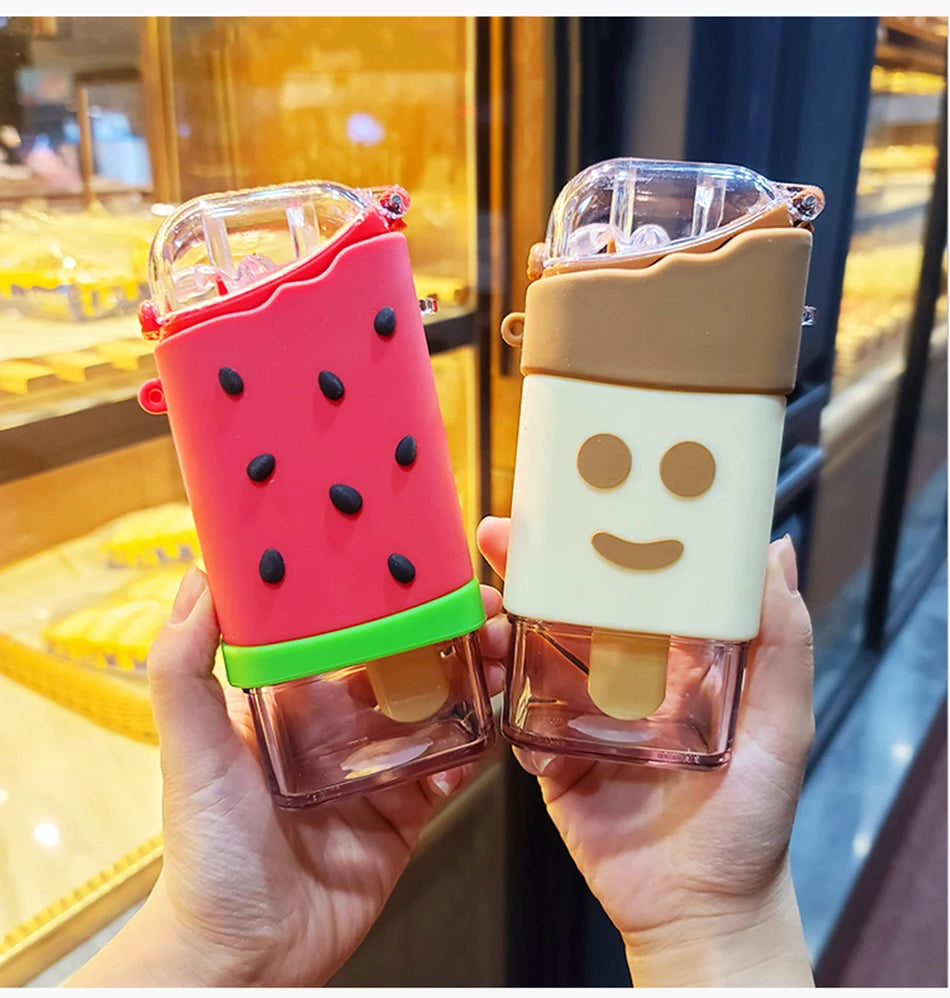 Cute Ice Cream Plastic Water Bottle With Straw Strap Popsicle Water Bottle Watermelon Kettle Leakproof Tritan Bottle BPA Free
