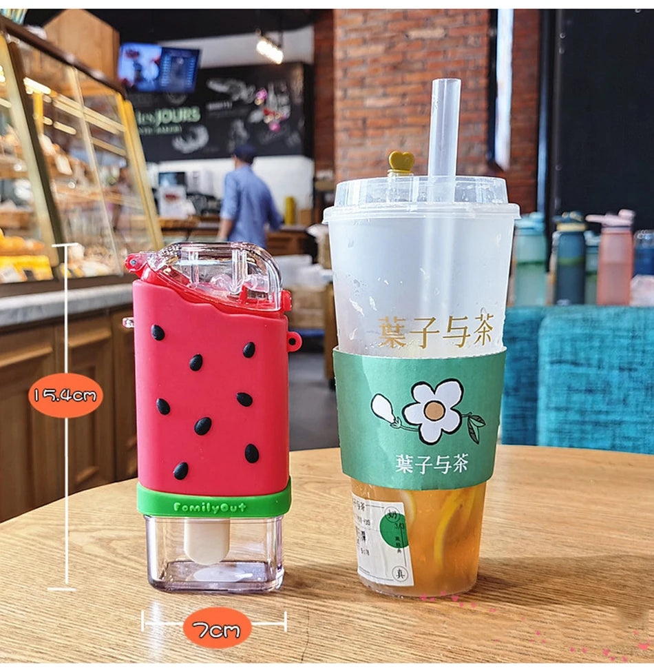 Cute Ice Cream Plastic Water Bottle With Straw Strap Popsicle Water Bottle Watermelon Kettle Leakproof Tritan Bottle BPA Free