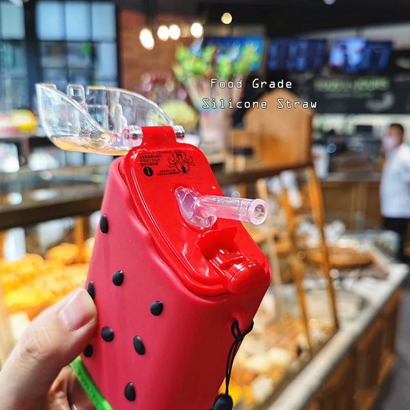 Cute Ice Cream Plastic Water Bottle With Straw Strap Popsicle Water Bottle Watermelon Kettle Leakproof Tritan Bottle BPA Free