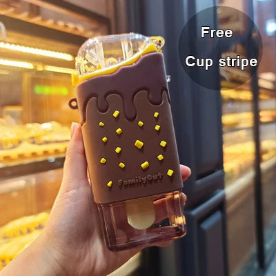 Cute Ice Cream Plastic Water Bottle With Straw Strap Popsicle Water Bottle Watermelon Kettle Leakproof Tritan Bottle BPA Free