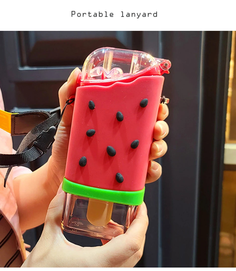 Cute Ice Cream Plastic Water Bottle With Straw Strap Popsicle Water Bottle Watermelon Kettle Leakproof Tritan Bottle BPA Free