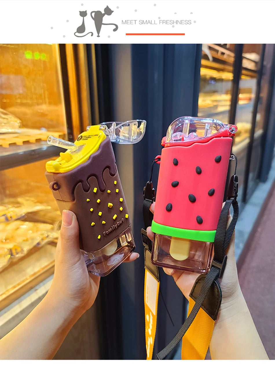 Cute Ice Cream Plastic Water Bottle With Straw Strap Popsicle Water Bottle Watermelon Kettle Leakproof Tritan Bottle BPA Free