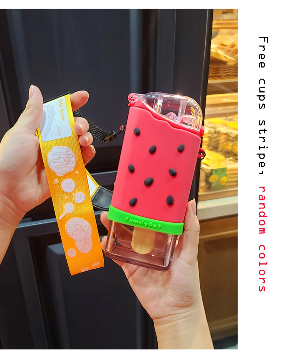 Cute Ice Cream Plastic Water Bottle With Straw Strap Popsicle Water Bottle Watermelon Kettle Leakproof Tritan Bottle BPA Free