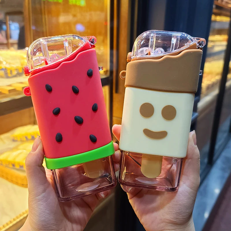 Cute Ice Cream Plastic Water Bottle With Straw Strap Popsicle Water Bottle Watermelon Kettle Leakproof Tritan Bottle BPA Free