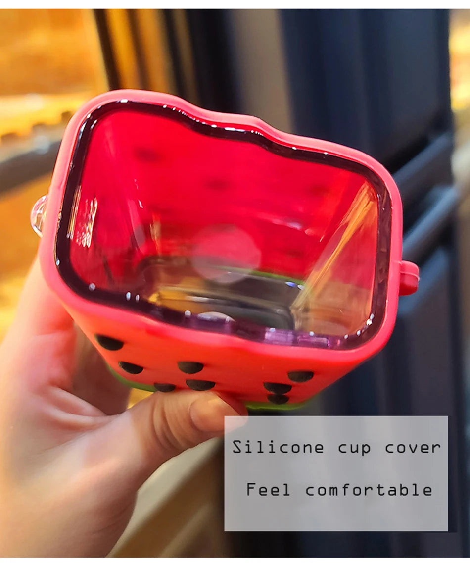 Cute Ice Cream Plastic Water Bottle With Straw Strap Popsicle Water Bottle Watermelon Kettle Leakproof Tritan Bottle BPA Free