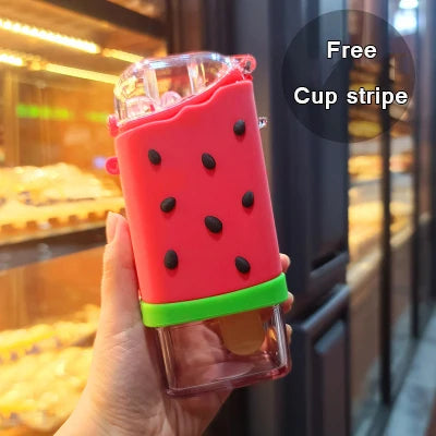 Cute Ice Cream Plastic Water Bottle With Straw Strap Popsicle Water Bottle Watermelon Kettle Leakproof Tritan Bottle BPA Free