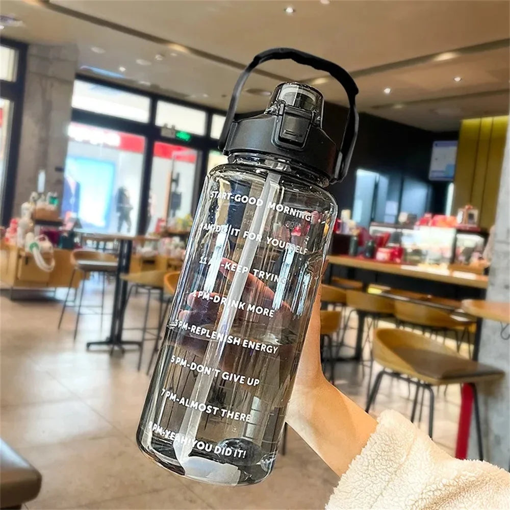 2L Water Bottle with Time Marker, Leak Proof, Non-Slip, Plastic  Portable Travel Water Bottle Fitness Cup With Cute Stickes